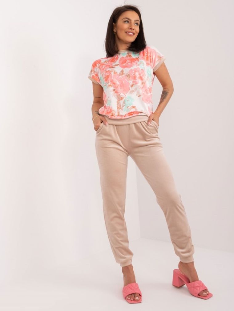 Komplet damski, T-shirt, Spodnie welurowe, różowy, Rue Paris