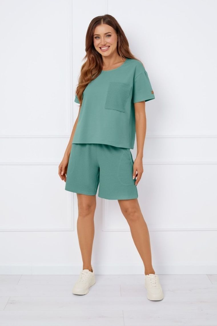 Komplet damski, T-shirt, Szorty, plus size, zielony, Italian Fashion