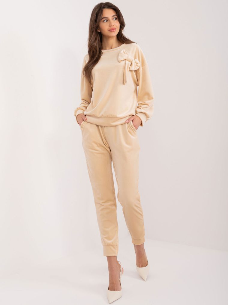 Komplet damski, welurowy, beżowy, Italy Moda
