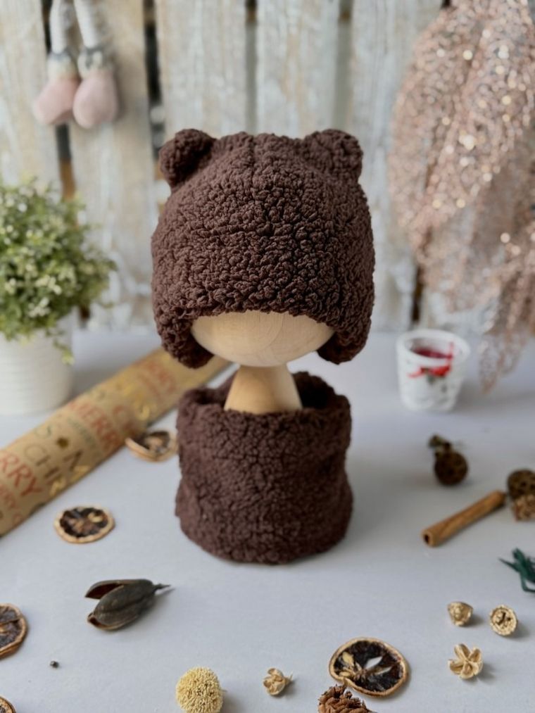 Komplet dziecięcy, Czapka, Komin, brązowy, Iltom