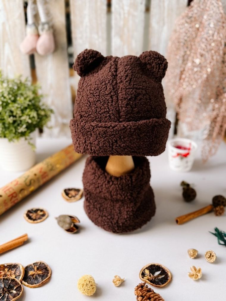 Komplet dziecięcy, Czapka, Komin, brązowy, Iltom