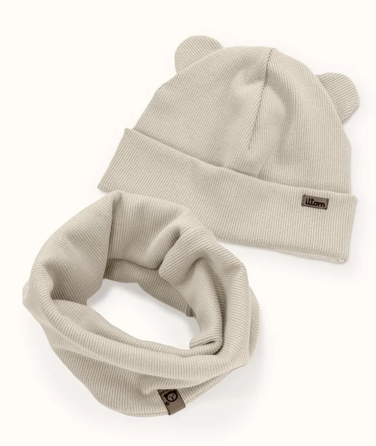 Komplet dziecięcy, Czapka, Komin, prążkowany, beżowy, Iltom