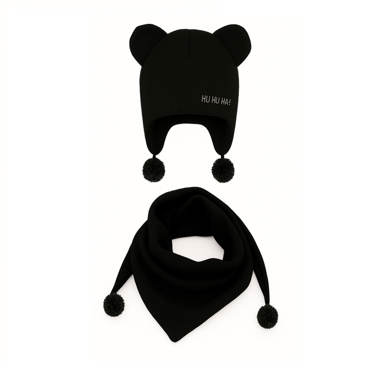 Komplet dziecięcy, Czapka z pomponami, Chustka, czarny, Iltom