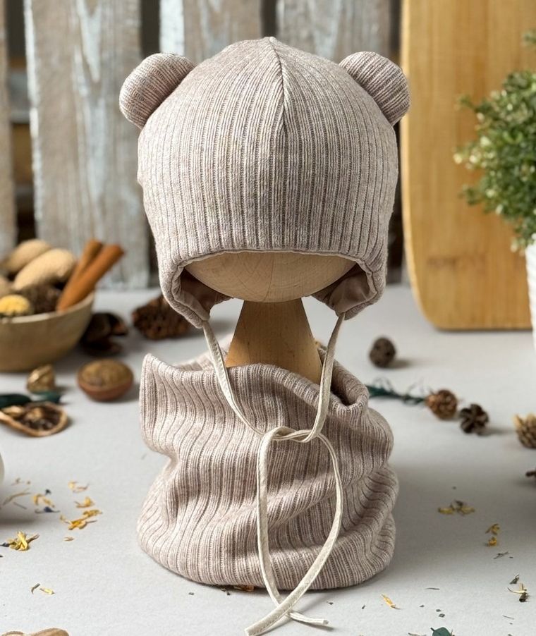 Komplet dziecięcy, sweterkowy, Czapka, Komin, beżowy, Iltom