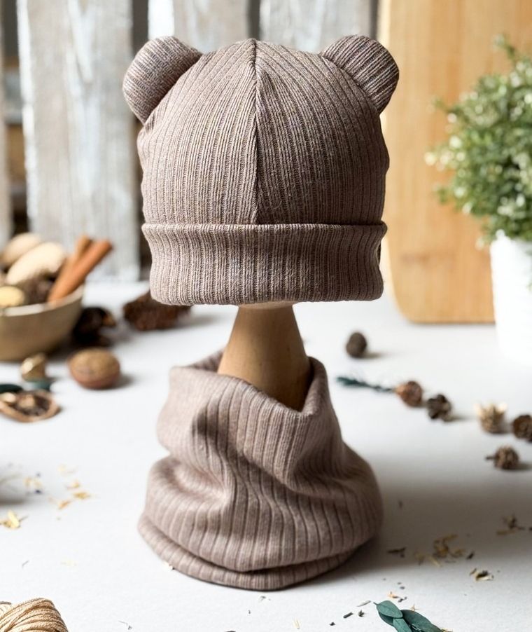 Komplet dziecięcy, sweterkowy, Czapka, Komin, brązowy, Iltom