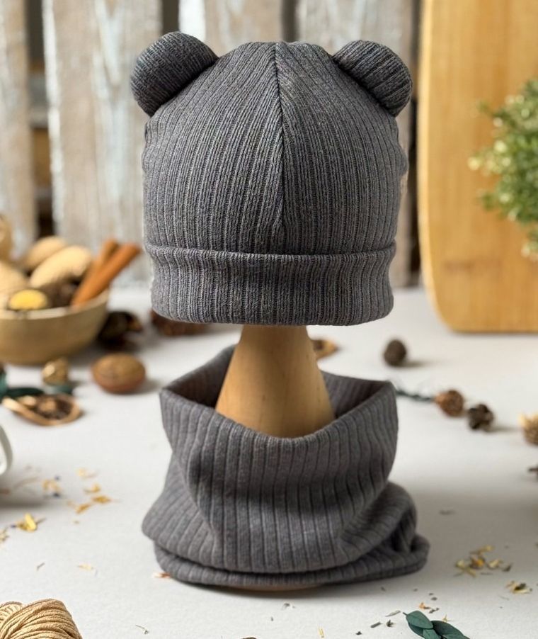 Komplet dziecięcy, sweterkowy, Czapka, Komin, grafitowy, Iltom