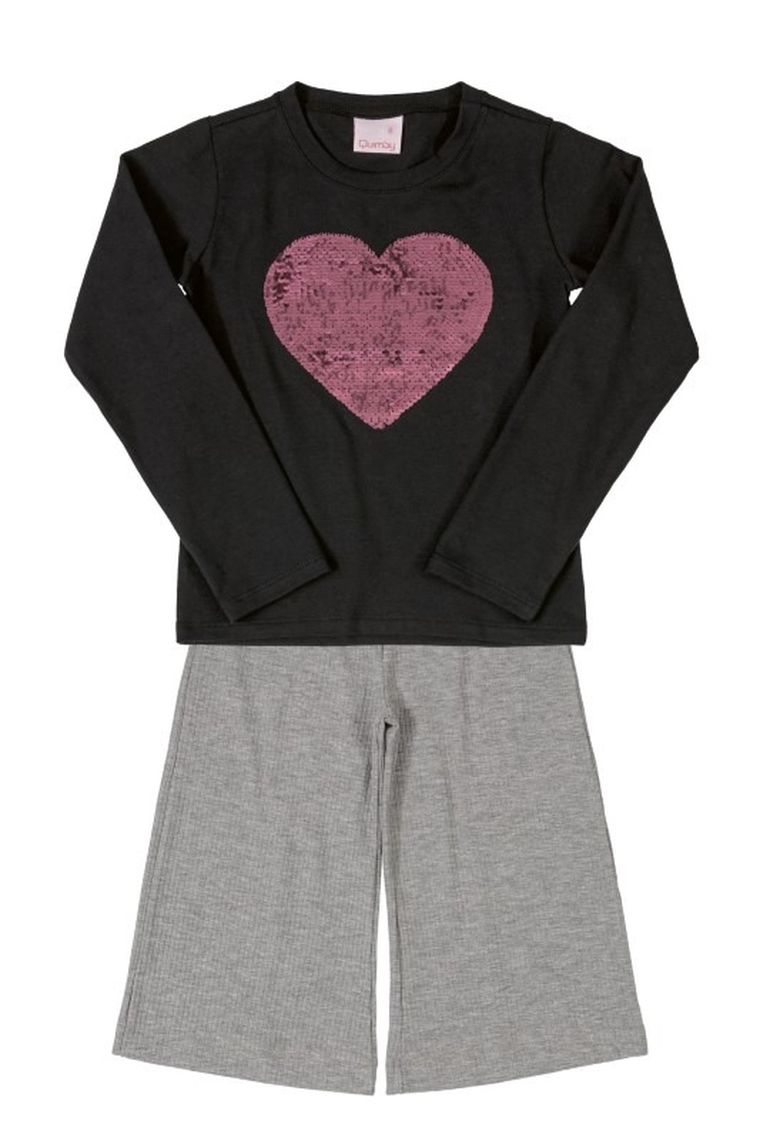 Komplet dziewczęcy, Bluzka z długim rękawem, Spodnie, czarno-szary, Quimby