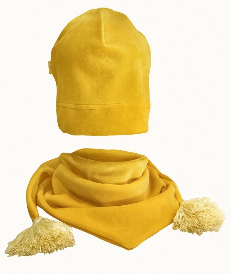 Komplet dziewczęcy, Czapka, Chustka, welurowy, żółty, Iltom
