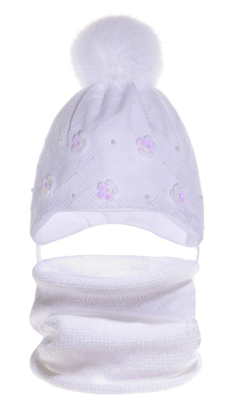 Komplet dziewczęcy, Czapka, Komin, biały, Ambra