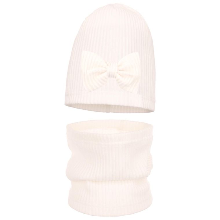 Komplet dziewczęcy, Czapka, Komin, prążkowany, ecru, Ambra