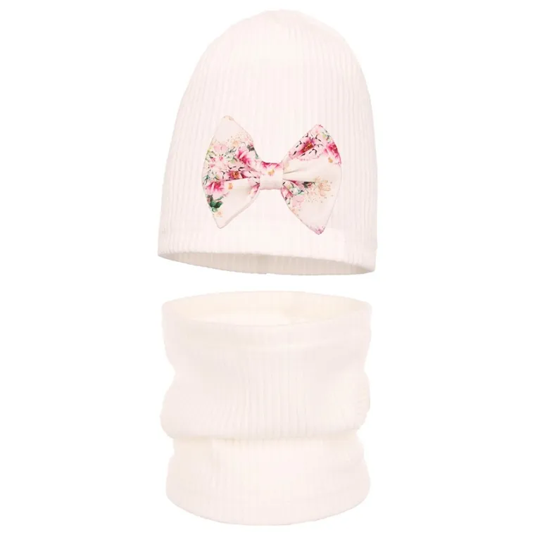 Komplet dziewczęcy, Czapka, Komin, prążkowany, ecru, Ambra