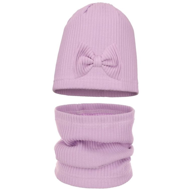 Komplet dziewczęcy, Czapka, Komin, prążkowany, fioletowy, Ambra