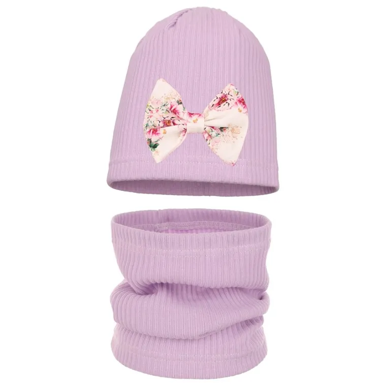 Komplet dziewczęcy, Czapka, Komin, prążkowany, fioletowy, Ambra