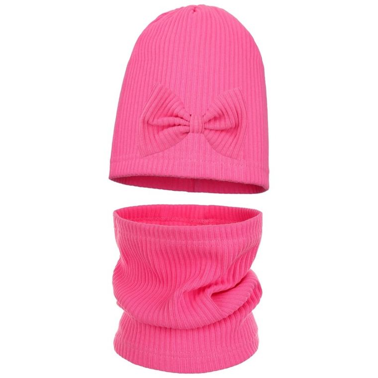 Komplet dziewczęcy, Czapka, Komin, prążkowany, różowy, Ambra