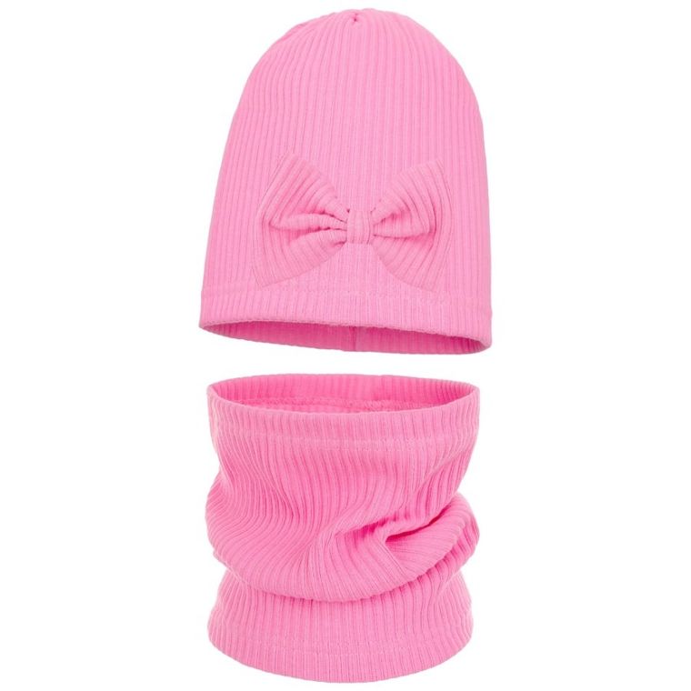 Komplet dziewczęcy, Czapka, Komin, prążkowany, różowy, Ambra