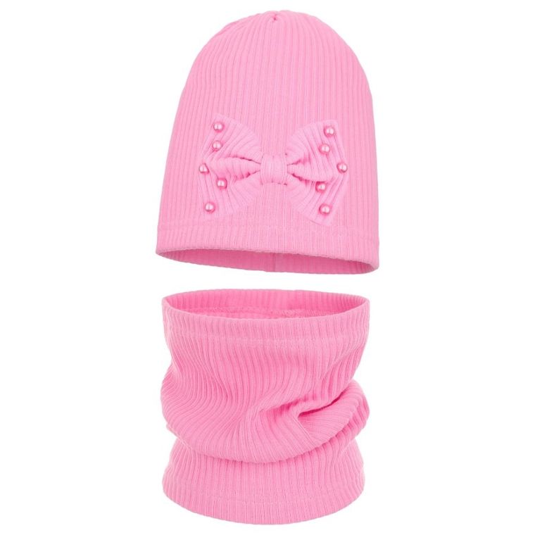 Komplet dziewczęcy, Czapka, Komin, prążkowany, różowy, Ambra