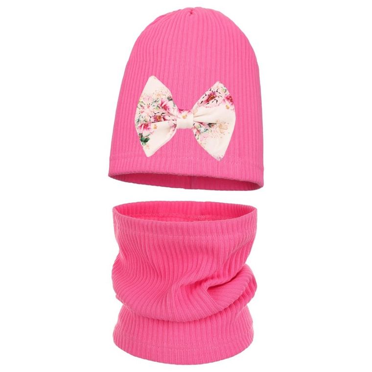 Komplet dziewczęcy, Czapka, Komin, prążkowany, różowy, Ambra