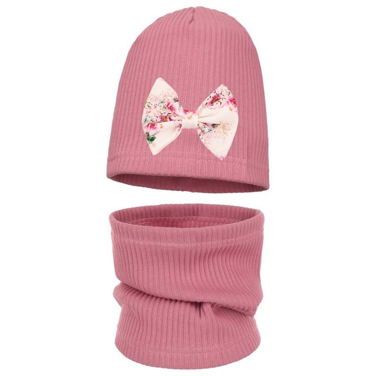 Komplet dziewczęcy, Czapka, Komin, prążkowany, różowy, Ambra