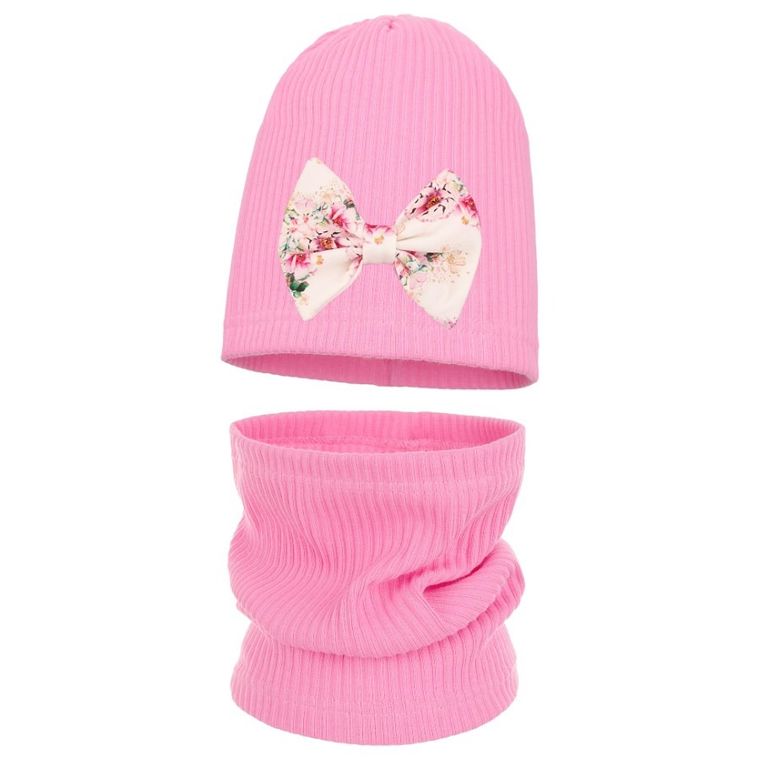 Komplet dziewczęcy, Czapka, Komin, prążkowany, różowy, Ambra