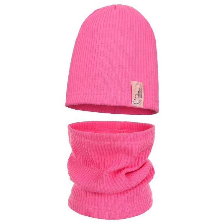 Komplet dziewczęcy, Czapka, Komin, prążkowany, różowy, Ambra