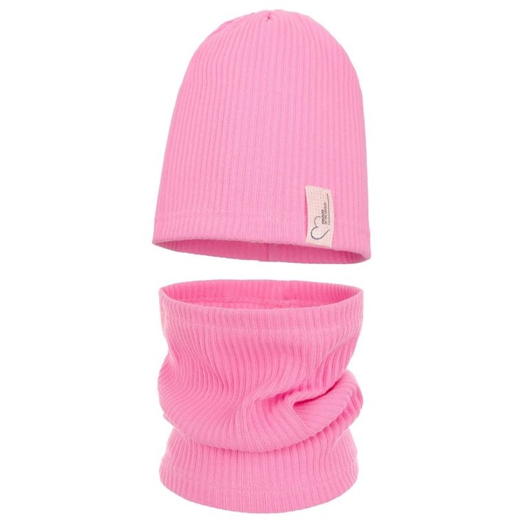 Komplet dziewczęcy, Czapka, Komin, prążkowany, różowy, Ambra