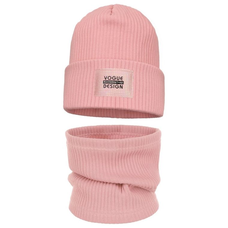 Komplet dziewczęcy, Czapka, Komin, prążkowany, różowy, Ambra