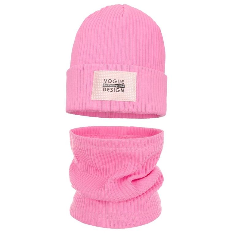 Komplet dziewczęcy, Czapka, Komin, prążkowany, różowy, Ambra