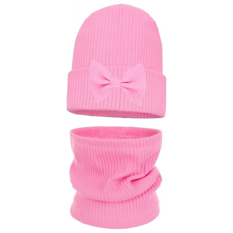 Komplet dziewczęcy, Czapka, Komin, prążkowany, różowy, Ambra