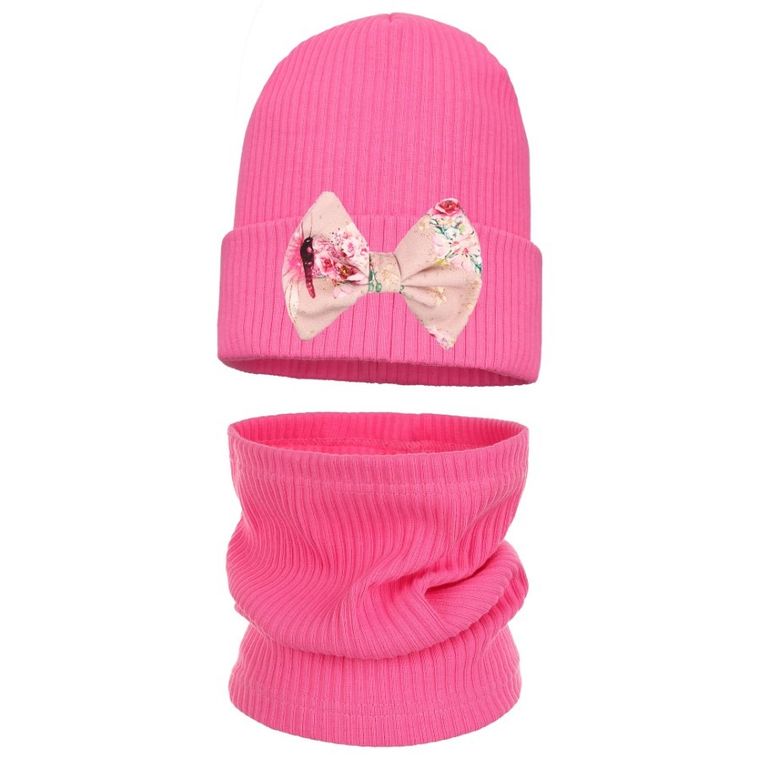 Komplet dziewczęcy, Czapka, Komin, prążkowany, różowy, Ambra