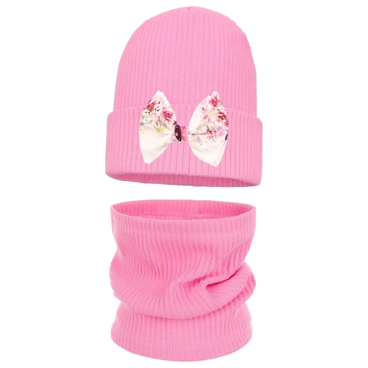 Komplet dziewczęcy, Czapka, Komin, prążkowany, różowy, Ambra