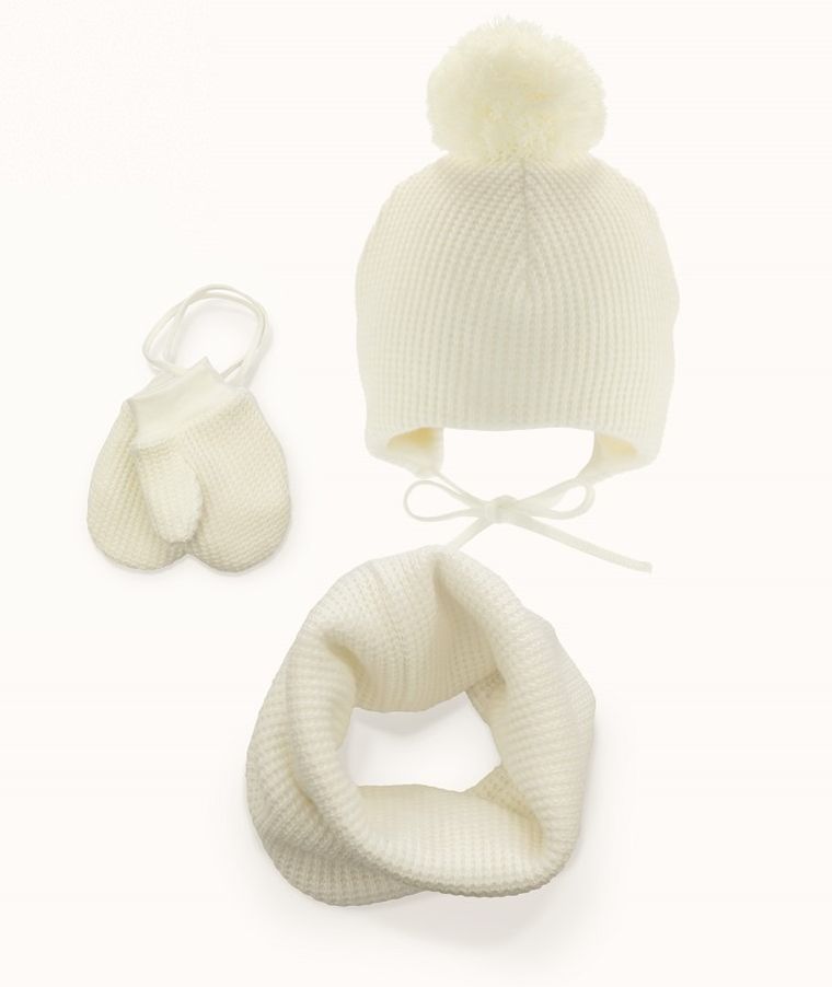 Komplet dziewczęcy, Czapka, Komin, Rękawiczki na sznurku, ecru, Iltom