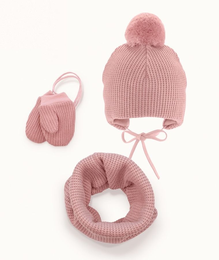 Komplet dziewczęcy, Czapka, Komin, Rękawiczki na sznurku, różowy, Iltom