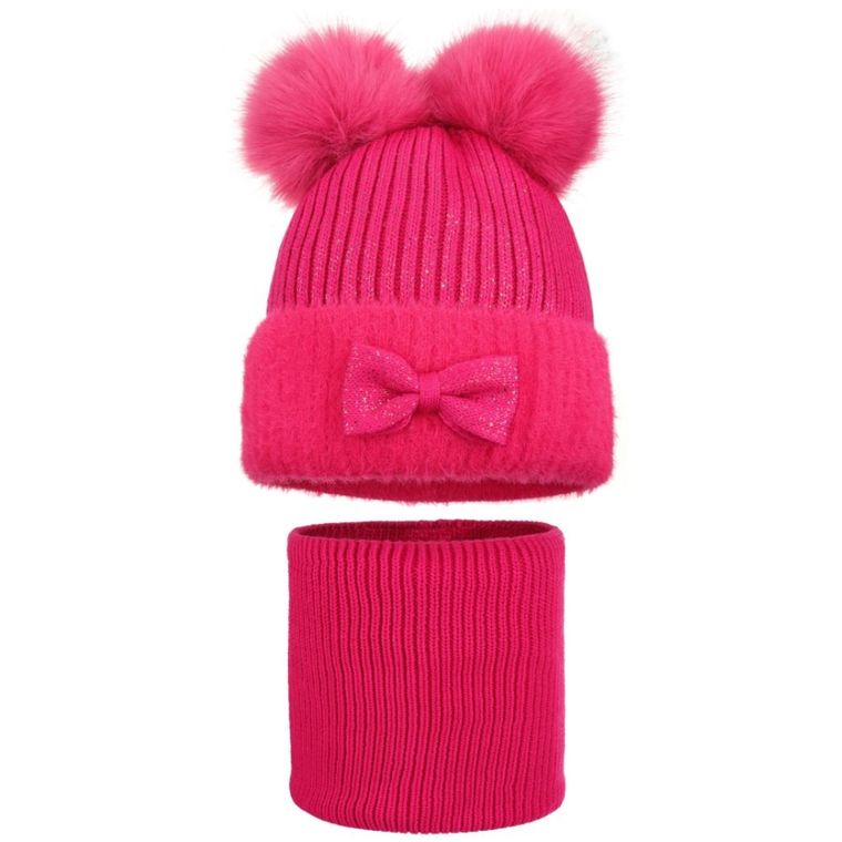 Komplet dziewczęcy, Czapka z pomponami, Komin, różowy, Ambra