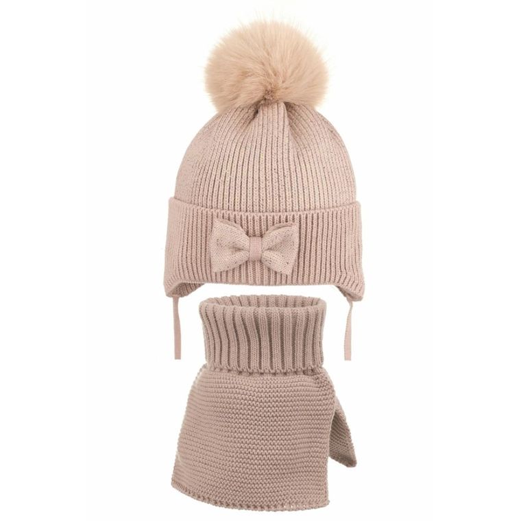 Komplet dziewczęcy, Czapka z pomponem, Komin, beżowy, Ambra
