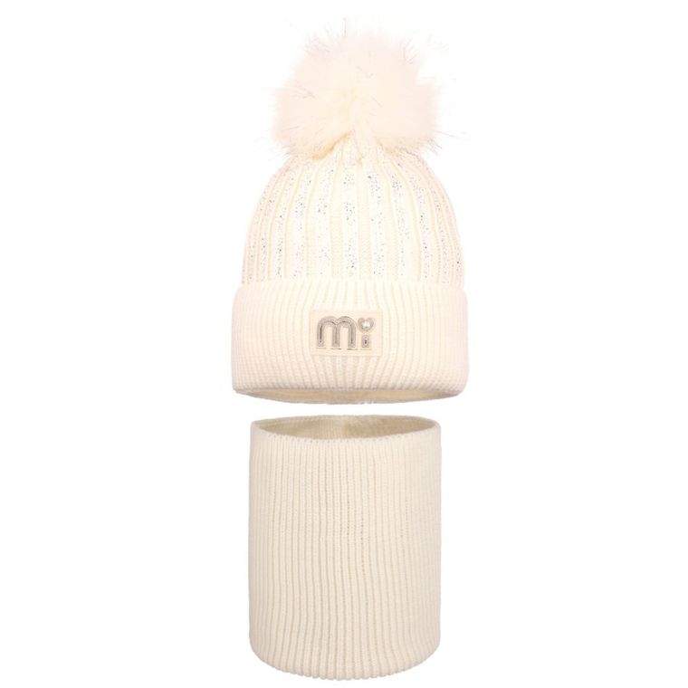 Komplet dziewczęcy, Czapka z pomponem, Komin, ecru, Ambra