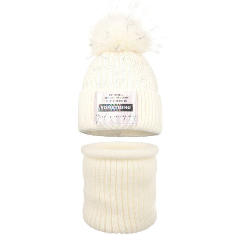 Komplet dziewczęcy, Czapka z pomponem, Komin, ecru, Ambra