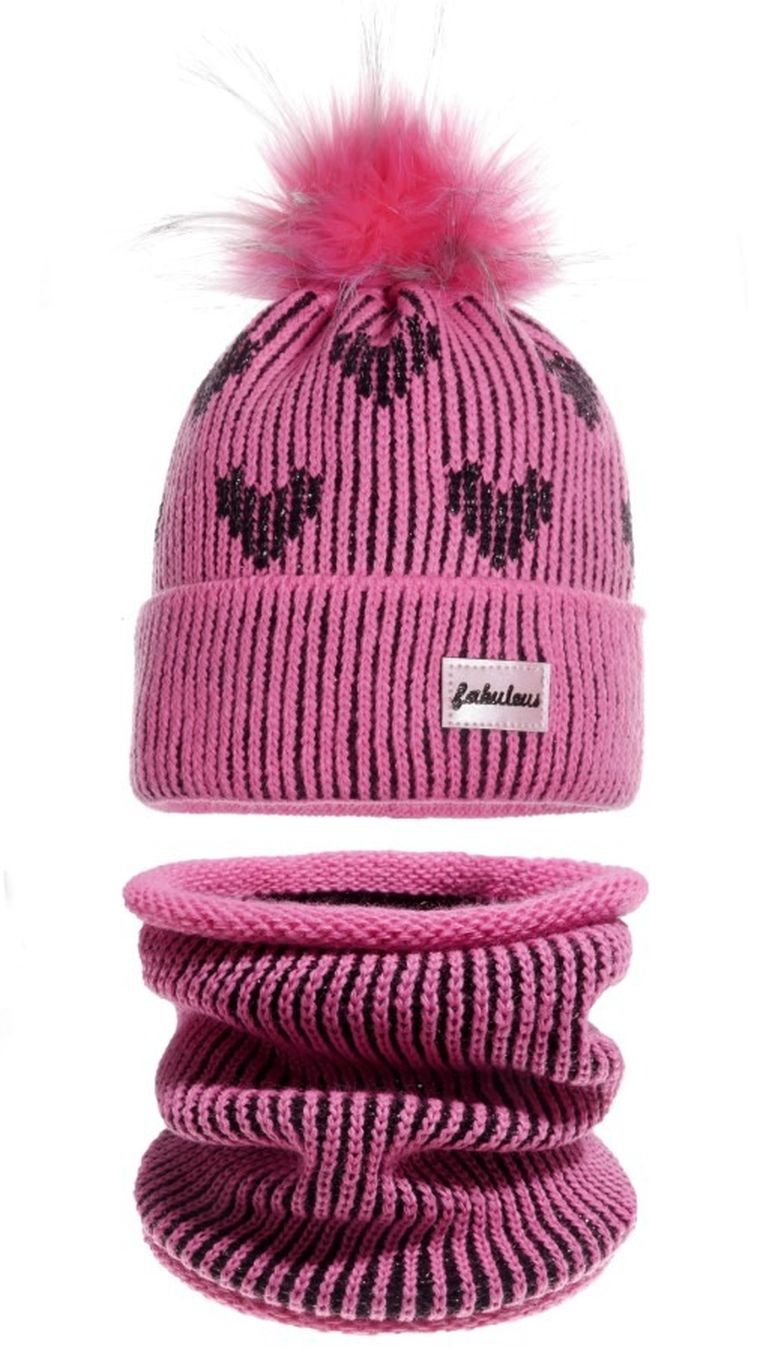 Komplet dziewczęcy, Czapka z pomponem, Komin, różowy, Ambra