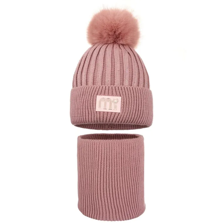 Komplet dziewczęcy, Czapka z pomponem, Komin, różowy, Ambra