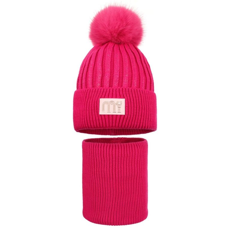 Komplet dziewczęcy, Czapka z pomponem, Komin, różowy, Ambra