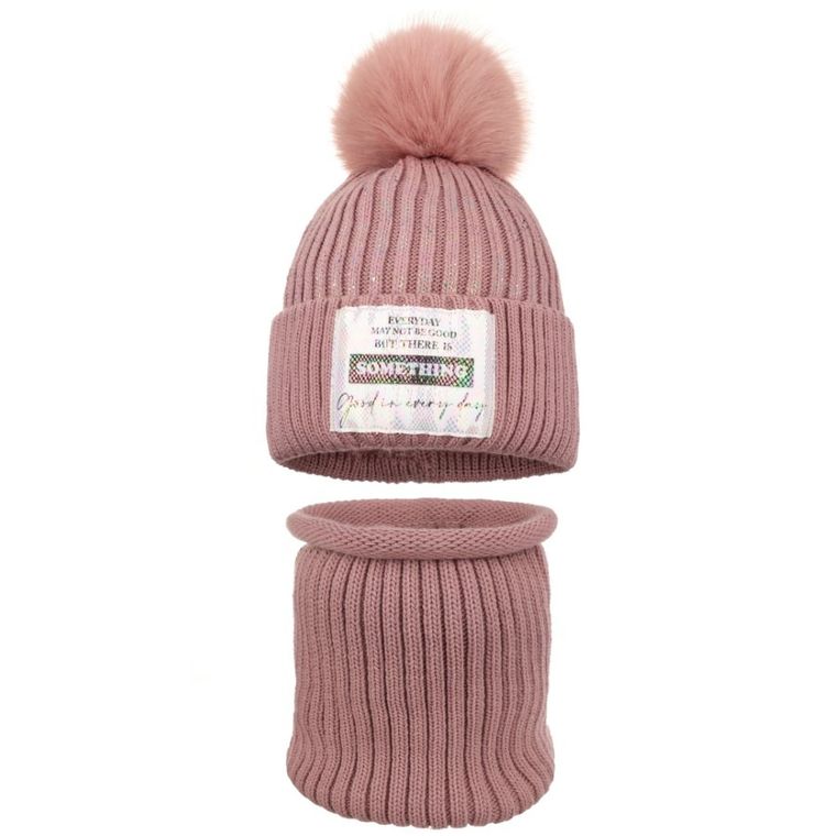 Komplet dziewczęcy, Czapka z pomponem, Komin, różowy, Ambra