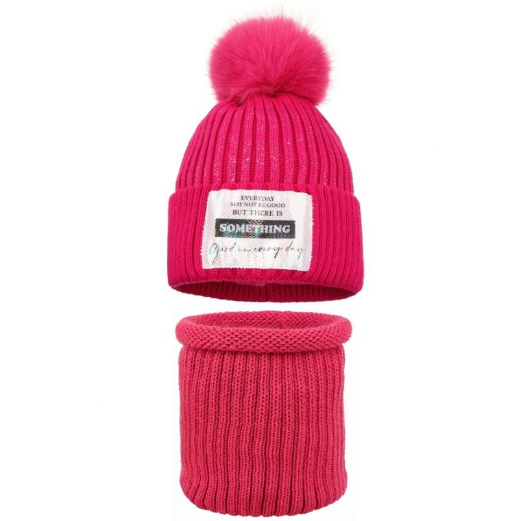 Komplet dziewczęcy, Czapka z pomponem, Komin, różowy, Ambra