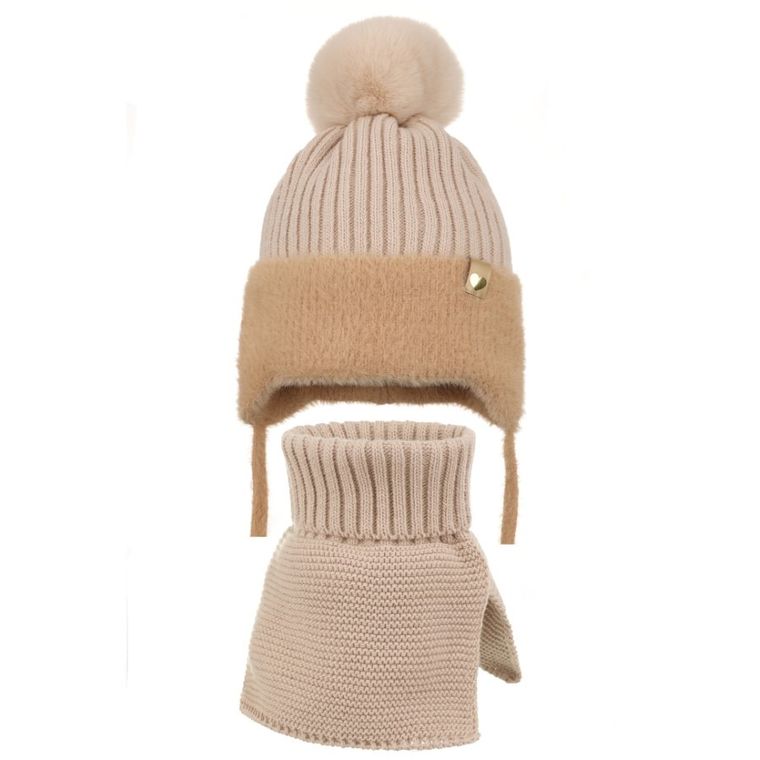 Komplet dziewczęcy, Czapka z pomponem, wiązana, Komin, beżowy, Ambra
