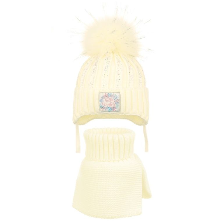 Komplet dziewczęcy, Czapka z pomponem, wiązana, Komin, biały, Ambra