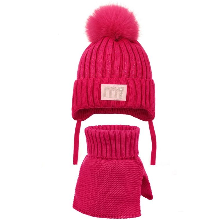 Komplet dziewczęcy, Czapka z pomponem, wiązana, Komin, różowy, Ambra