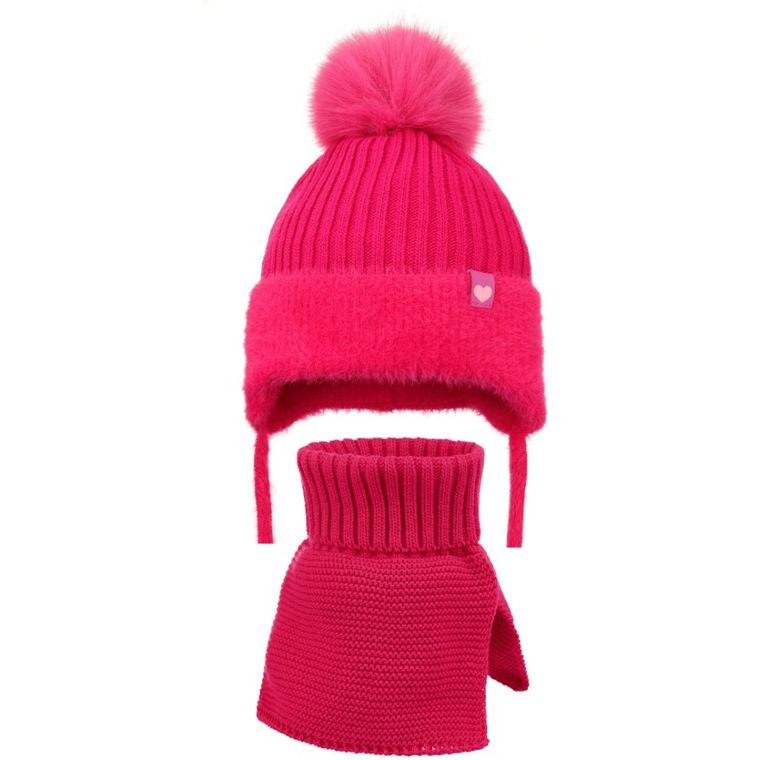 Komplet dziewczęcy, Czapka z pomponem, wiązana, Komin, różowy, Ambra