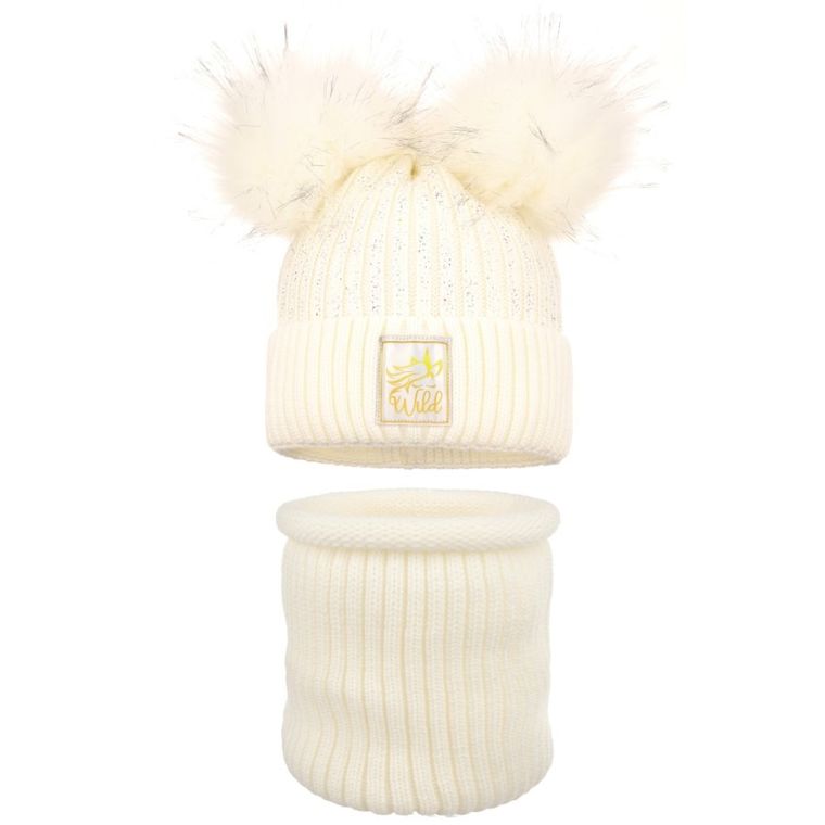 Komplet dziewczęcy, Komin, Czapka z pomponami, ecru, Ambra