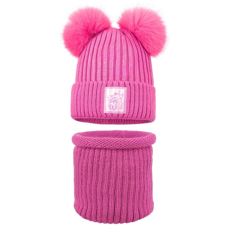 Komplet dziewczęcy, Komin, Czapka z pomponami, różowy, Ambra
