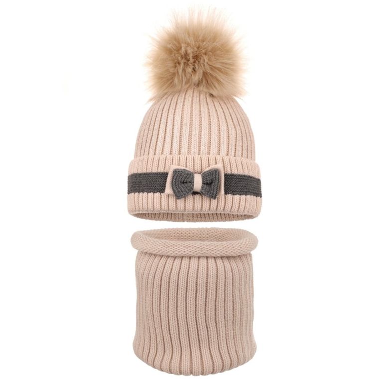 Komplet dziewczęcy, Komin, Czapka z pomponem, beżowy, Ambra