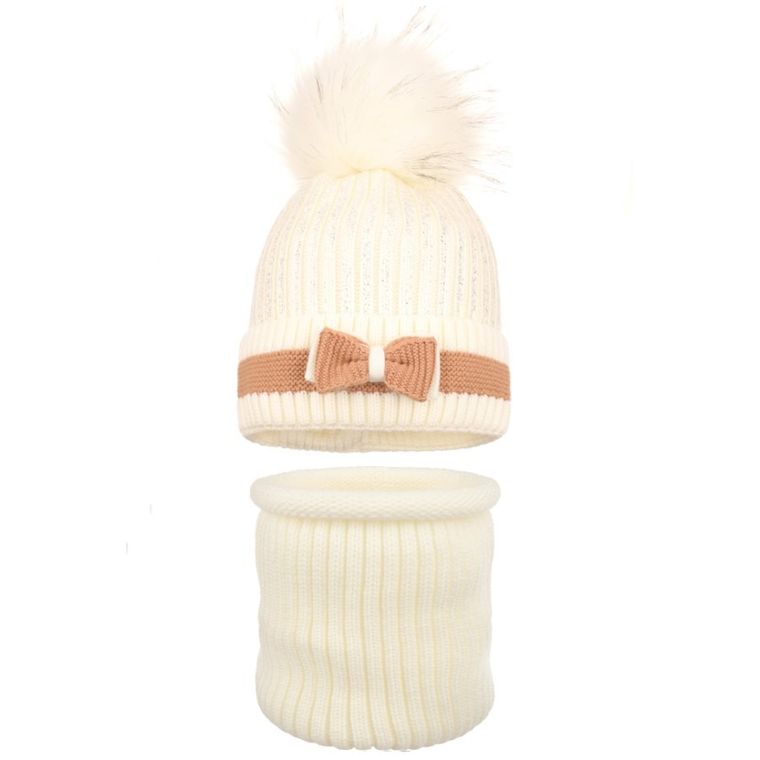 Komplet dziewczęcy, Komin, Czapka z pomponem, ecru, Ambra