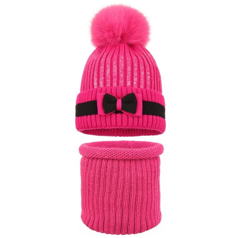 Komplet dziewczęcy, Komin, Czapka z pomponem, różowy, Ambra